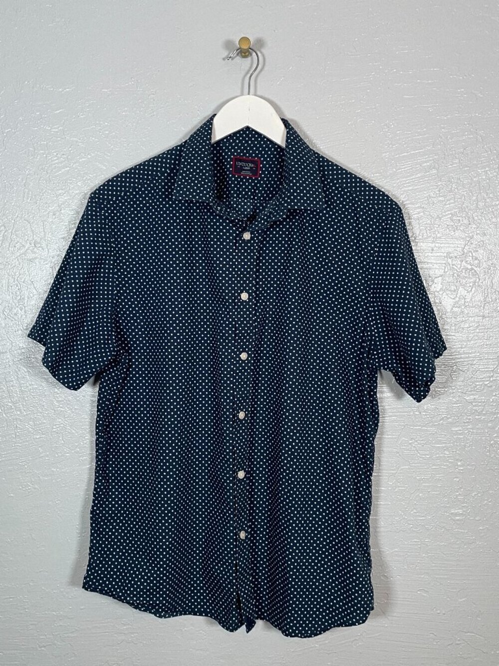 UNTUCKit Men L Navy Blue White Polka Dot Darren Shirt Short Sleeve Cotton